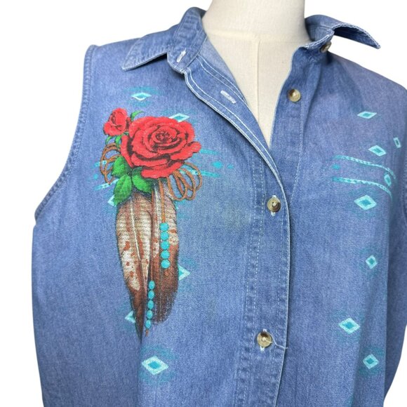 Luna Pier Denim Sleeveless Button-Front Shirt Western Rose Feather Print SZ:L - Picture 6 of 7